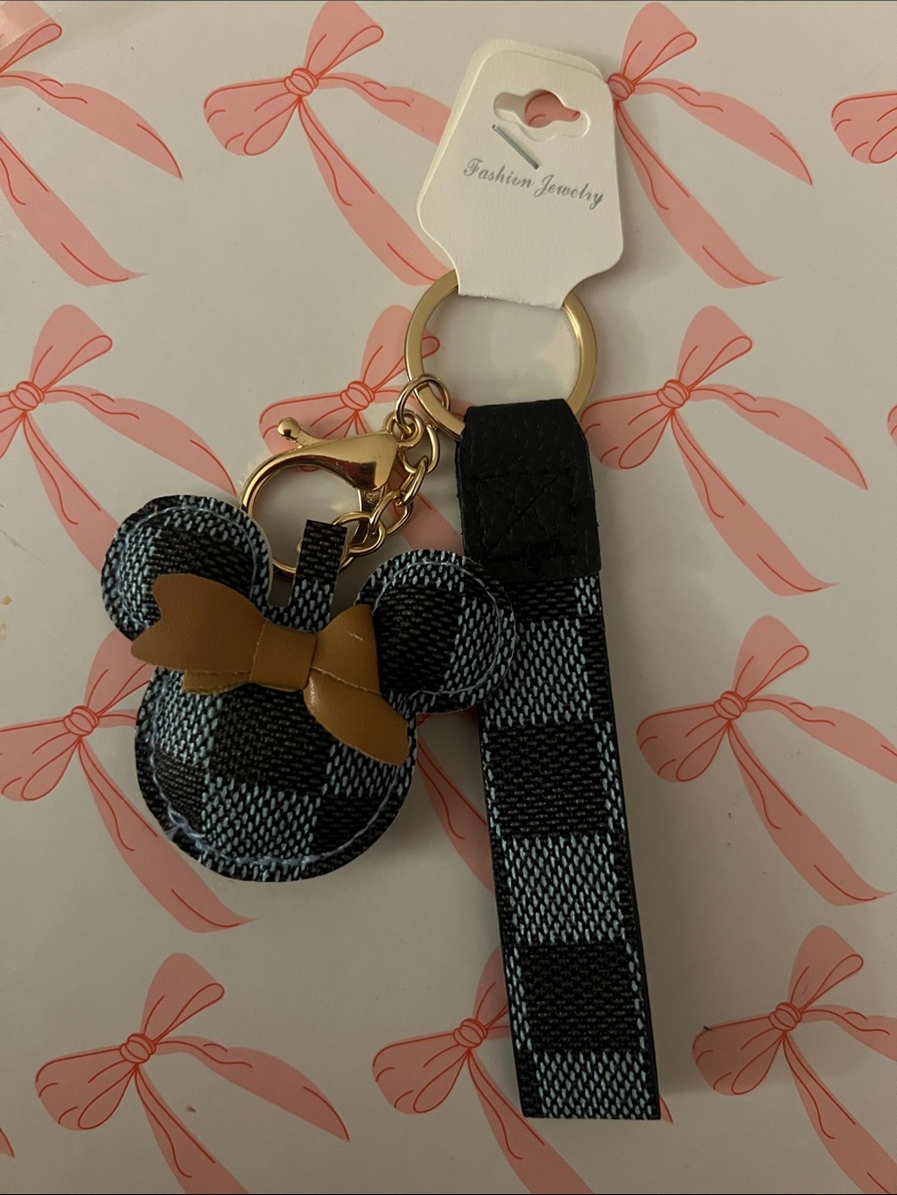 Kids Checker Bow Mouse Keychain Wristlet - Black